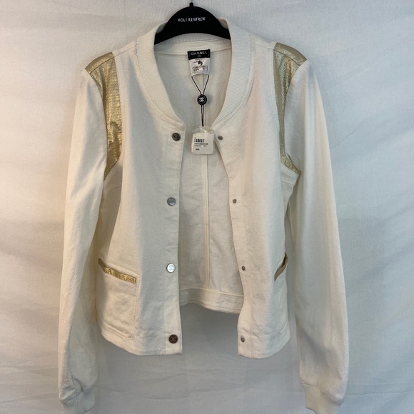CHANEL Boutique, Bomber Jacket in White Linen and Gold Lurex, Size 38 - Picture 4 of 13